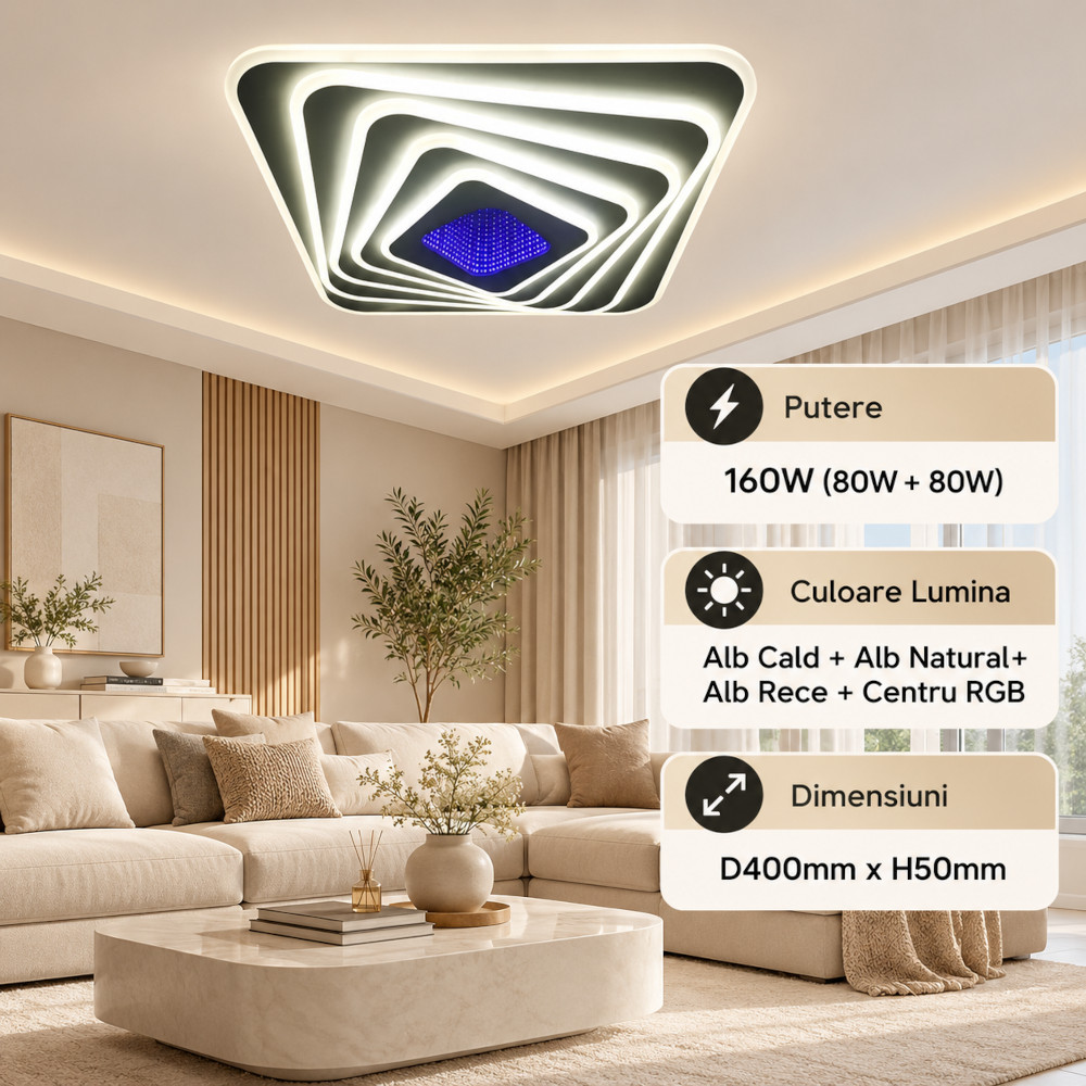 Lustra LED 160W Alba 3 Functii RGB cu Telecomanda LZ9020-400 1 Lustra LED 160W Alba 3 Functii RGB cu Telecomanda LZ9020-400