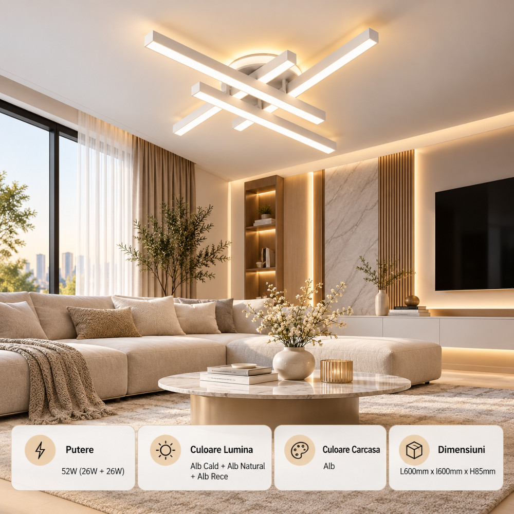 Lustra LED 52W Alba 3 Functii cu Telecomanda LZ113-4+1S 1 Lustra LED 52W Alba 3 Functii cu Telecomanda LZ113-4+1S