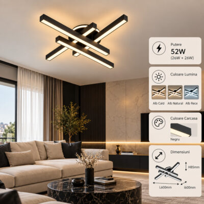Lustra LED 52W Neagra 3 Functii cu Telecomanda LZ113-4+1S