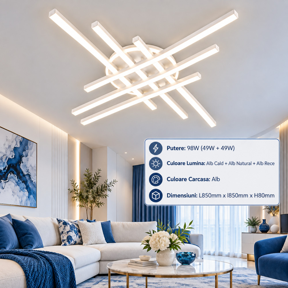 Lustra LED 98W Alba 3 Functii cu Telecomanda LZ071-6+1 1 Lustra LED 98W Alba 3 Functii cu Telecomanda LZ071-6+1