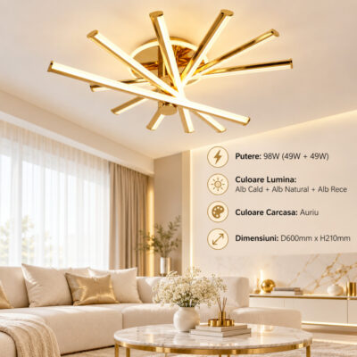 Lustra LED 98W Aurie 3 Functii cu Telecomanda LZ453-6+1S