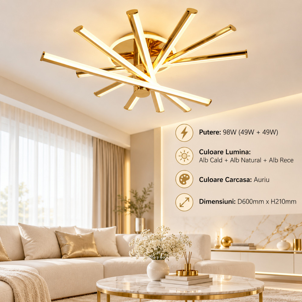 Lustra LED 98W Aurie 3 Functii cu Telecomanda LZ453-6+1S 1 Lustra LED 98W Aurie 3 Functii cu Telecomanda LZ453-6+1S