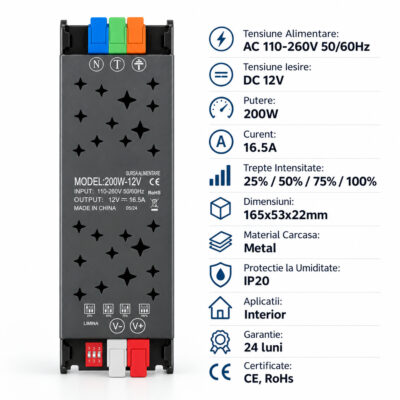 Sursa Alimentare Banda LED 12V 200W Slim Dimabila Presetata cu Clipsuri