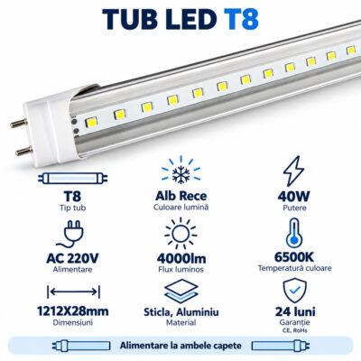 Tub LED T8 Clar 40W 120cm Sticla Aluminiu