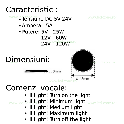 Intrerupator ON-OFF cu Comanda Vocala Dimabil 5V-24V 1 intrerupator on off cu comanda vocala dimabil 5v 24v 1