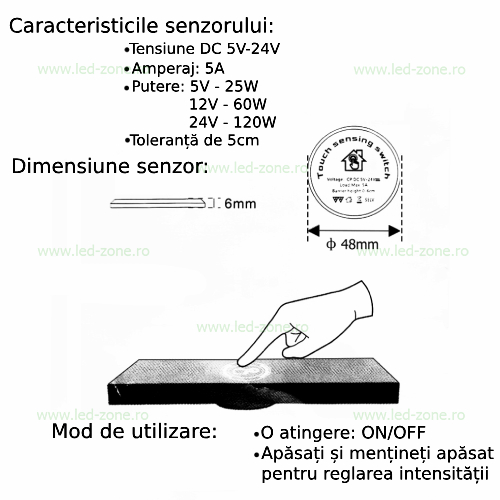 Intrerupator ON-OFF Touch Control Dimabil 5V-24V 6 intrerupator on off touch control dimabil 5v 24v 3