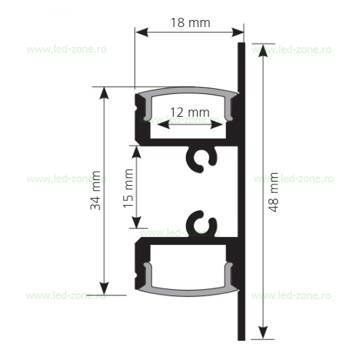 Profil H Aluminiu Aplicat Bidirectional Dispersor Mat 2M 12MM LZ9896 5 profil sus jos 1m 2m