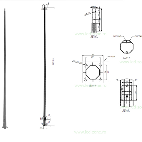 Stalp Iluminat Octogonal Galvanizat 10M cu Flansa 200/280 2B 5 stalp iluminat octogonal galvanizat 10m cu flansa 200 280 2b