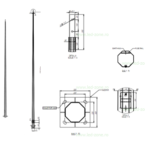 stalp iluminat octogonal galvanizat 11m cu flansa 220 320 2b