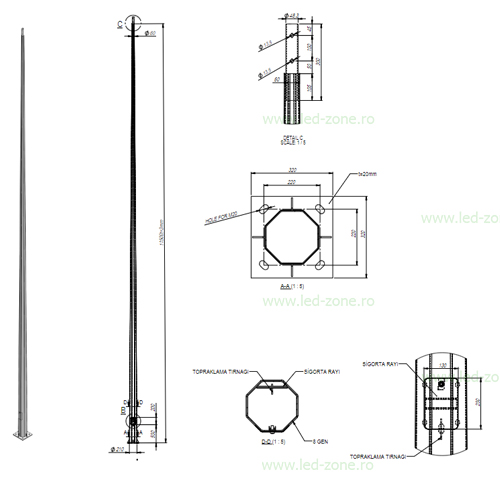 Stalp Iluminat Octogonal Galvanizat 12M cu Flansa 220/320 2B 5 stalp iluminat octogonal galvanizat 12m cu flansa 220 320 2b