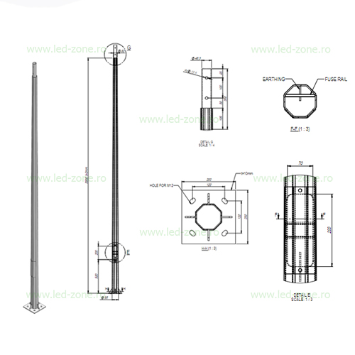 Stalp Iluminat Octogonal Galvanizat 4M cu Flansa 120/200 2B 1 stalp iluminat octogonal galvanizat 4m cu flansa 120 200 2b 2