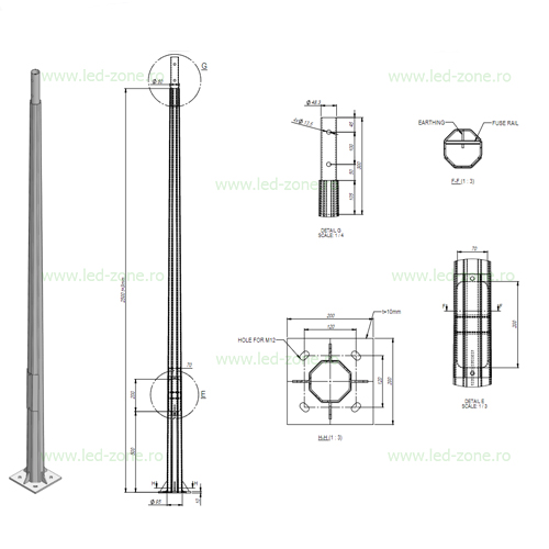 Stalp Iluminat Octogonal Galvanizat 3M cu Flansa 120/200 2B 1 stalp iluminat octogonal galvanizat 4m cu flansa 120 200 2b 4