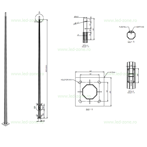 Stalp Iluminat Octogonal Galvanizat 5M cu Flansa 120/200 2B 1 stalp iluminat octogonal galvanizat 5m cu flansa 120 200 2b 1