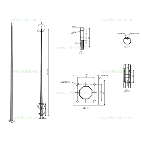 stalp iluminat octogonal galvanizat 6m cu flansa 160 240 2b