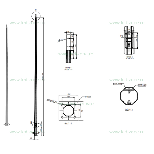 stalp iluminat octogonal galvanizat 7m cu flansa 160 240 2b