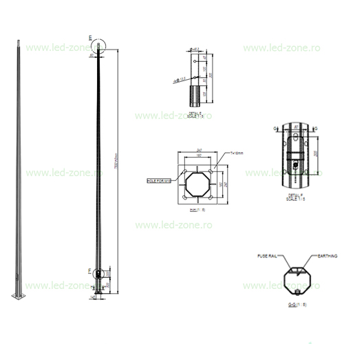 Stalp Iluminat Octogonal Galvanizat 8M cu Flansa 160/240 2B 1 stalp iluminat octogonal galvanizat 8m cu flansa 160 240 2b